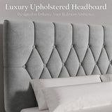 Gray upholstered headboard with tufted design, text 'Luxury Upholstered Headboard' and 'Designed to Enhance Your Bedroom Ambience'.