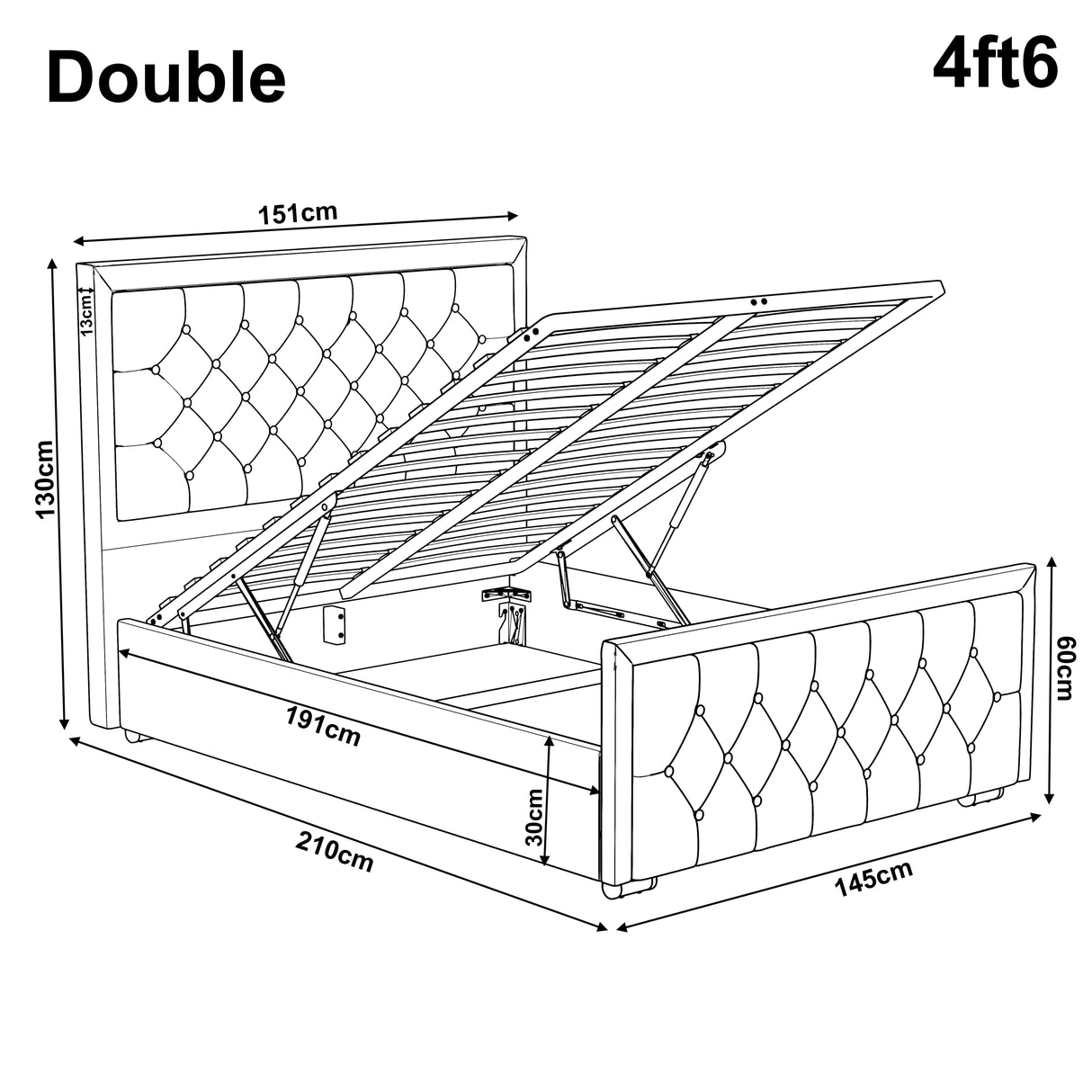 double bed frame with storage showing size: Length 210 cm, width 145 cm, headboard height 130 cm and footboard height 60 cm