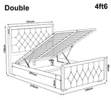 double bed frame with storage showing size: Length 210 cm, width 145 cm, headboard height 130 cm and footboard height 60 cm
