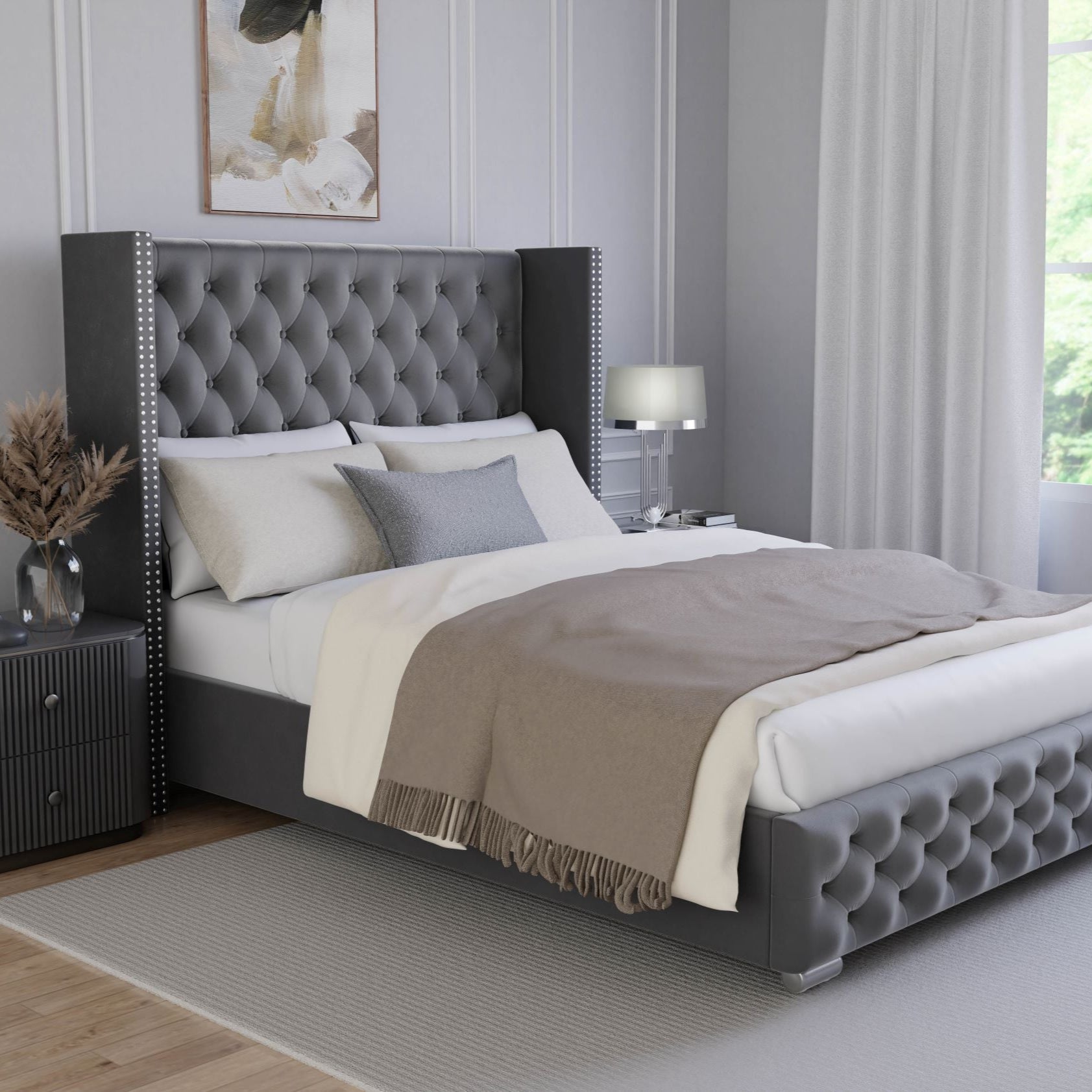 Double bed frame with storage, tufted headboard, and elegant upholstered design for bedrooms.