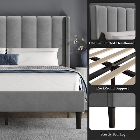 Vertical Line Velvet Upholstered Bed Frame in grey with channel tufted headboard, wooden slats, and sturdy legs. Available in double and king sizes.