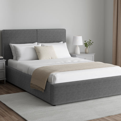Corduroy ribbed velvet upholstered ottoman bed frame with storage in dark grey, featuring end lift storage and padded headboard in a modern bedroom.