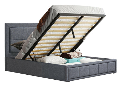 Double bed frame with storage underneath, grey upholstered design with lift-up feature.