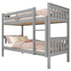 Angled view of grey double bunk bed with pink bedding, featuring a detachable design and solid wood frame for kids.