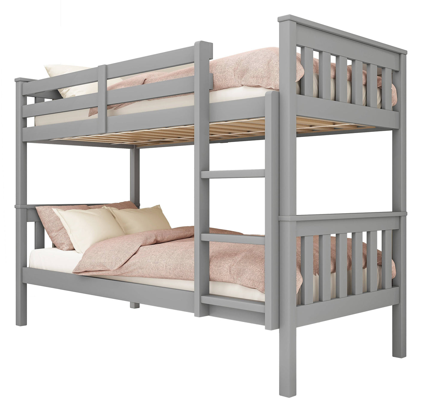 Angled view of grey double bunk bed with pink bedding, featuring a detachable design and solid wood frame for kids.