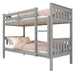 Angled view of grey double bunk bed with pink bedding, featuring a detachable design and solid wood frame for kids.