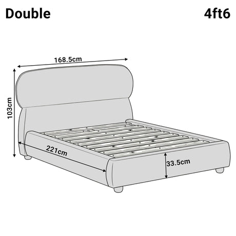 Dimensions diagram showing double-size bed measurements: length 221 cm, width 168.5 cm, and height 103 cm