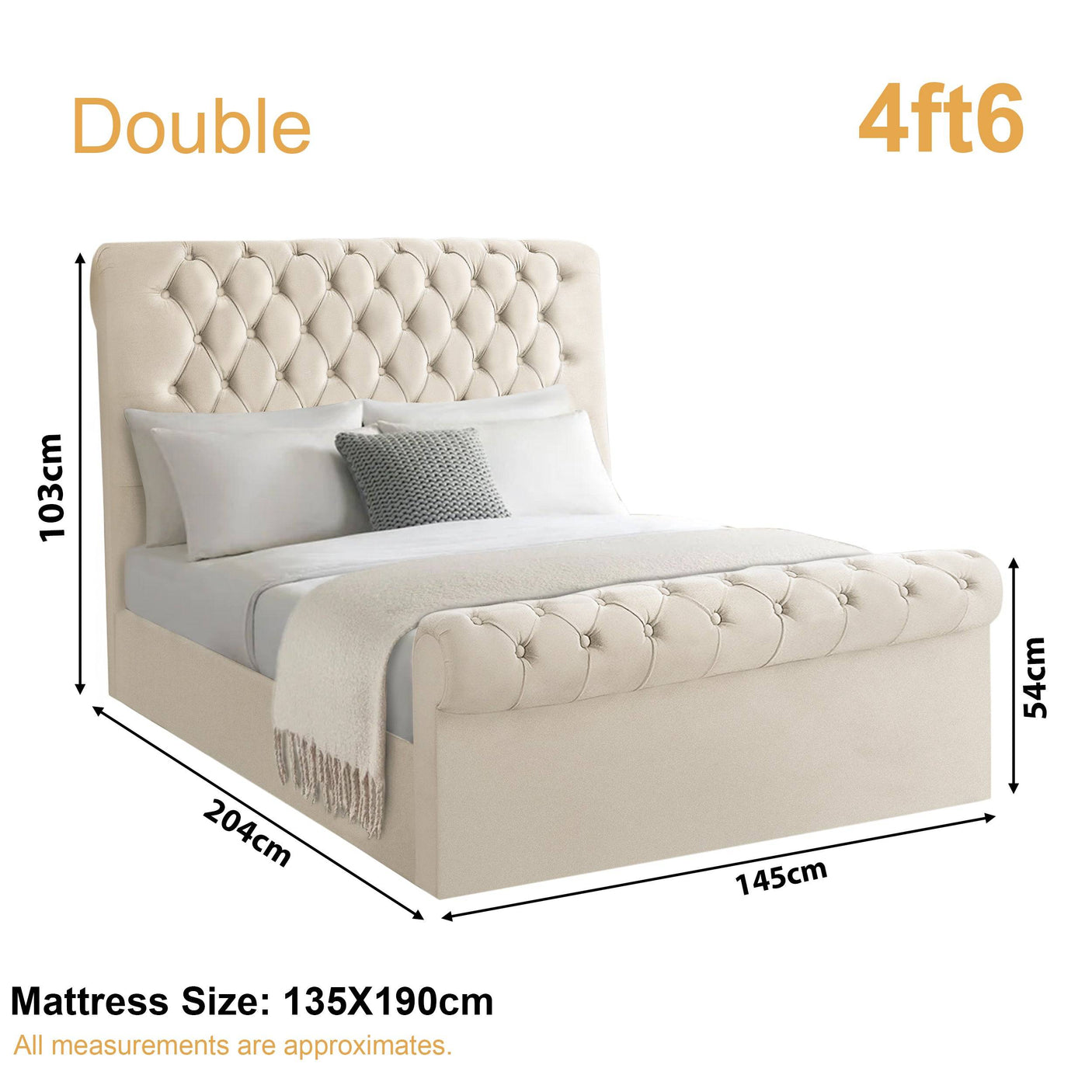Double bed size in cm uk 103x204x145, ideal for couples and spacious bedroom setups