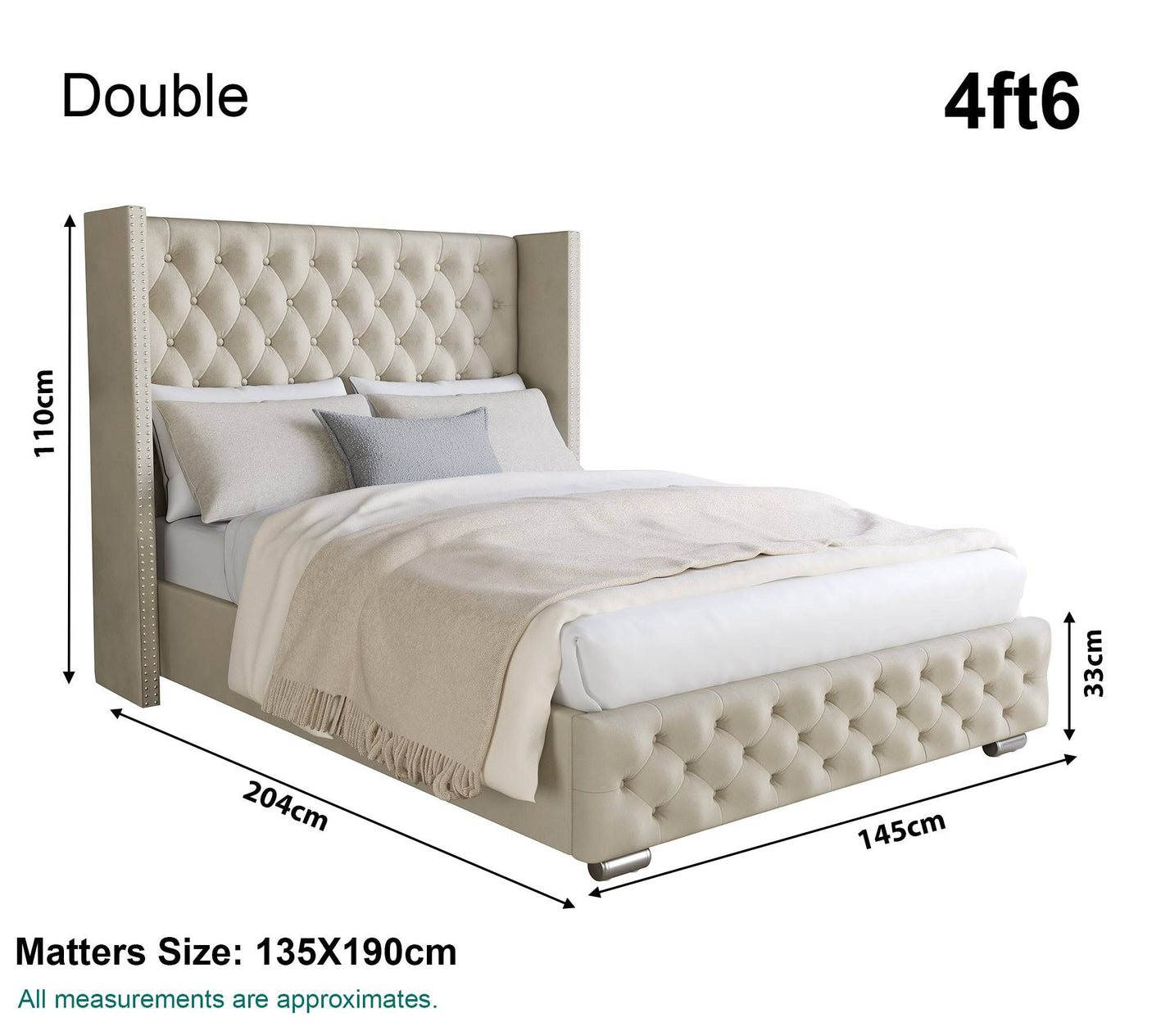 double bed size in cm, 204cm x 110cm x 145cm, perfect for a spacious sleep setup.
