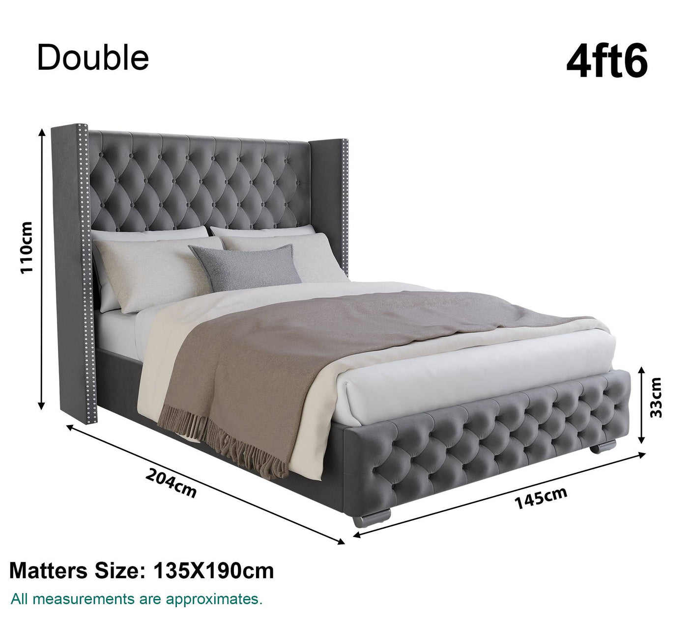 double bed size, 204cm x 110cm x 145cm, perfect for a spacious sleep setup.