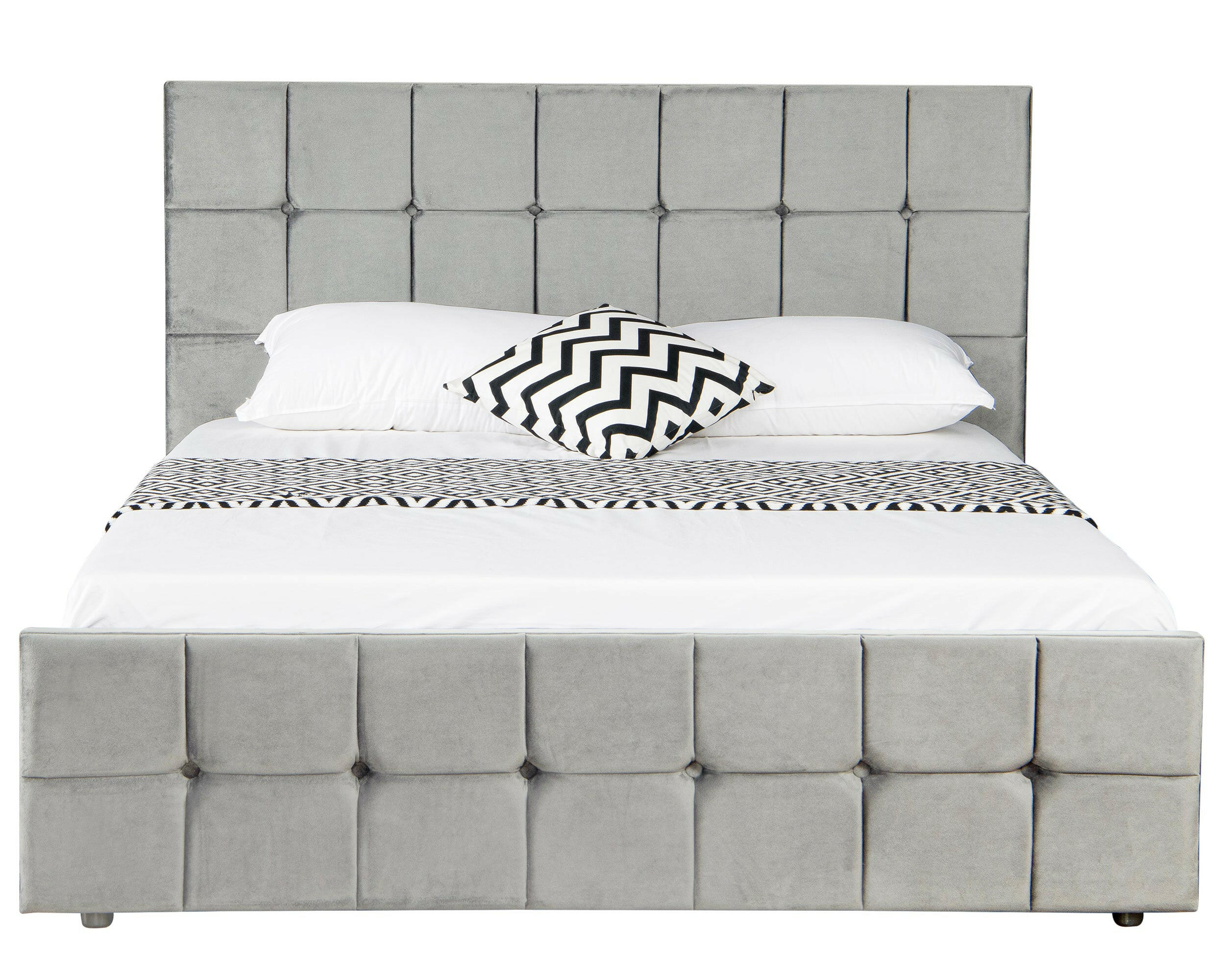 Grey ottoman bed with tufted headboard and footboard, designed for a modern bedroom style.