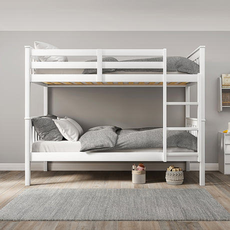 White double bed with bunk bed, quilt, and cushions, offering comfort and style.

