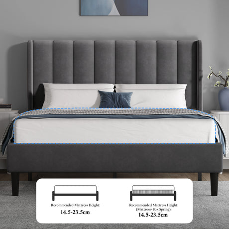 Vertical Line Velvet Upholstered Bed Frame in dark grey with channel tufted headboard, shown in double size with wooden slats and modern bedroom decor.