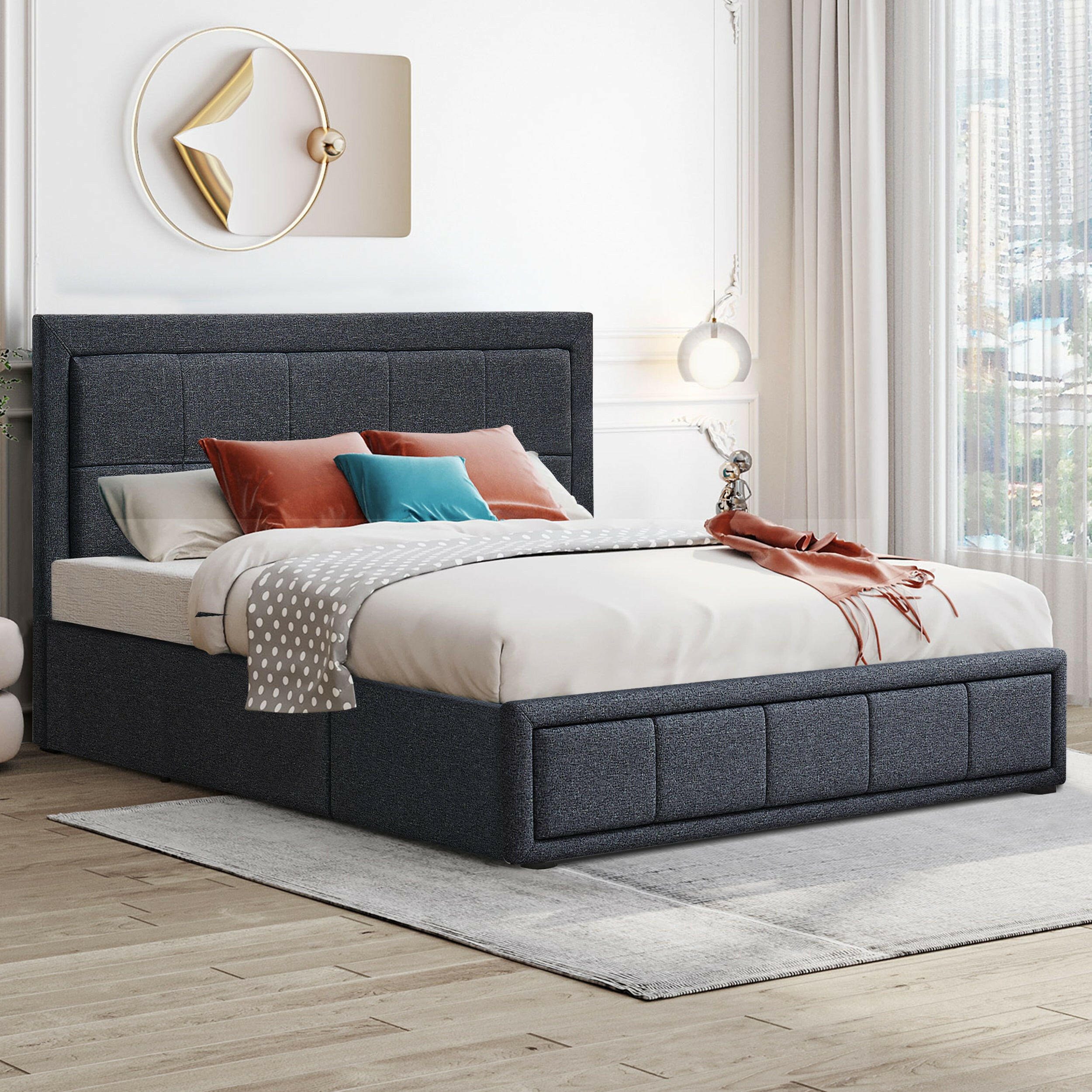 Double bed with storage and mattress, upholstered in grey fabric with a modern headboard.