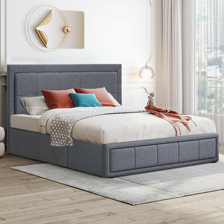 Double bed with storage underneath, featuring a grey upholstered frame & with a stylish headboard.