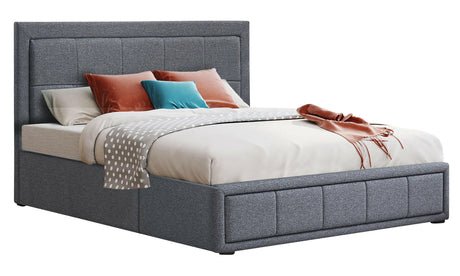 Double bed with under storage, grey fabric upholstered frame and spacious storage beneath.