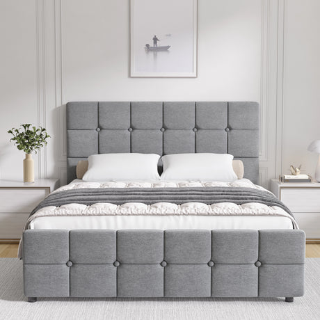 Square Ottoman Storage Bed in grey velvet with tufted headboard and footboard. Stylish and functional bed frame with hidden under-bed storage.
