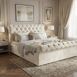 [Double | Beige] Side profile of beige double ottoman bed featuring plush padding and a tufted headboard for added luxury