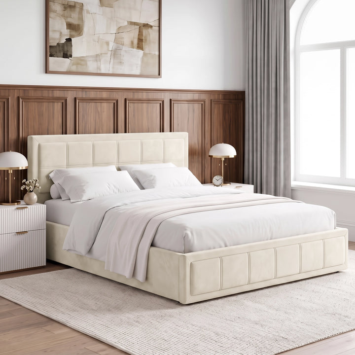 [Double | Beige] Angled lifestyle view of the Double Beige Velvet Ottoman Storage Bed Frame with white bedding and matching bedside tables.