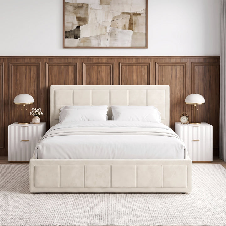 [Double | Beige] Front view of the Double Beige Velvet Ottoman Storage Bed Frame set against a wood-paneled wall.
