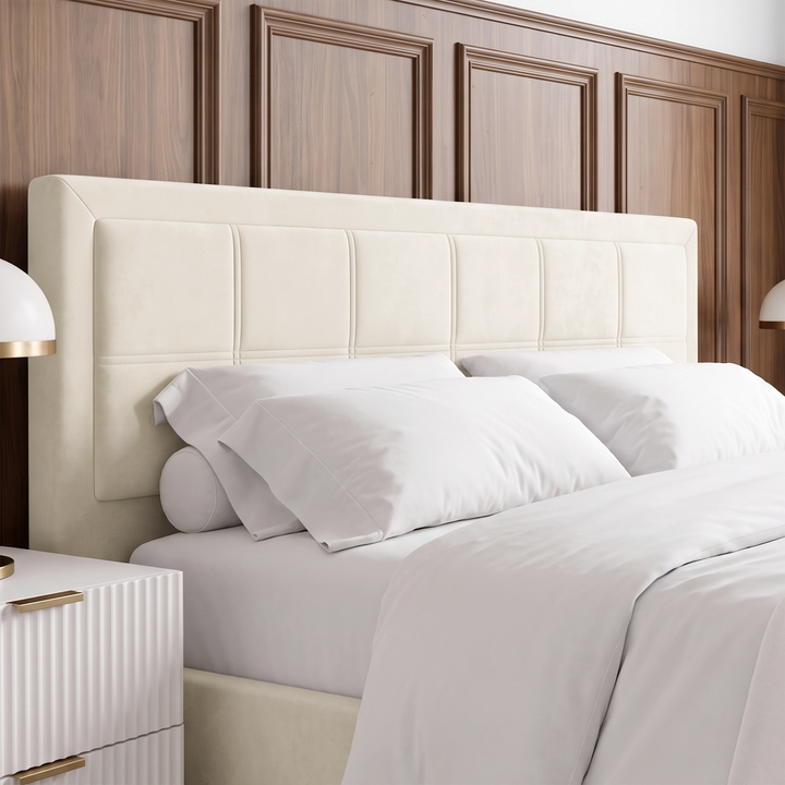 [Double | Beige] Close-up view of the stitched paneled headboard on the Double Beige Velvet Ottoman Storage Bed Frame.