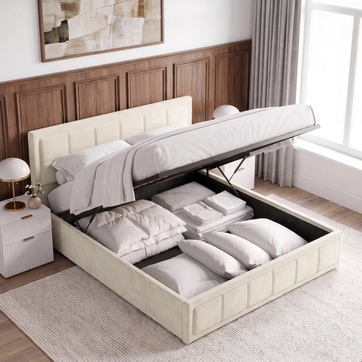 [Double | Beige] Overhead view of the raised hydraulic lift mechanism revealing under-bed storage on the Double Beige Velvet Ottoman Storage Bed Frame.