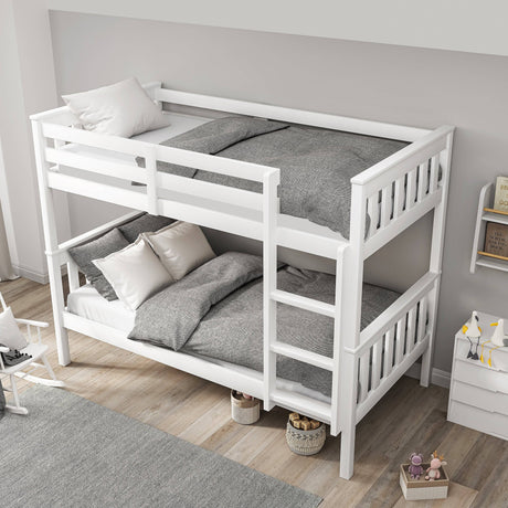 Top-down view of white double bunk bed for kids with grey bedding, highlighting safety guardrails and compact layout.