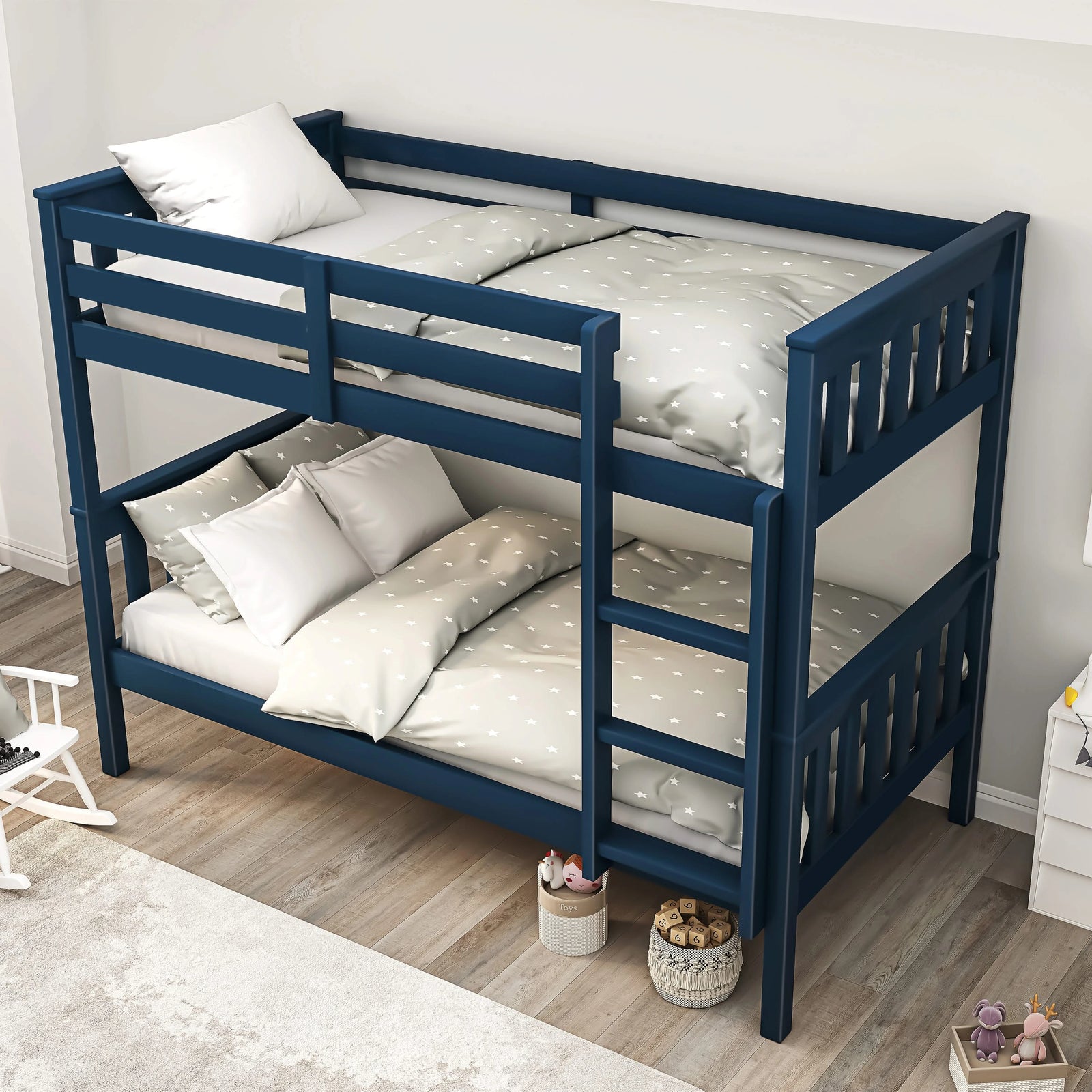 [Blue] High angle of double bunk bed frame showing upper and lower bunks and safety guardrails