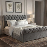 [Double | Dark Grey] Side view of dark grey double chesterfield ottoman bed, featuring diamond tufted headboard and sturdy frame