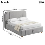 Dimensions diagram of a grey double bed with labelled measurements: height 117.5cm, width 173 cm, and length 213 cm