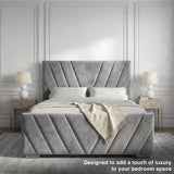 Front view of a grey velvet ottoman bed with clean lines, showcasing the padded headboard