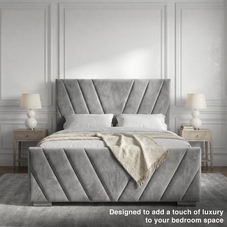 Front view of a grey velvet ottoman bed with clean lines, showcasing the padded headboard