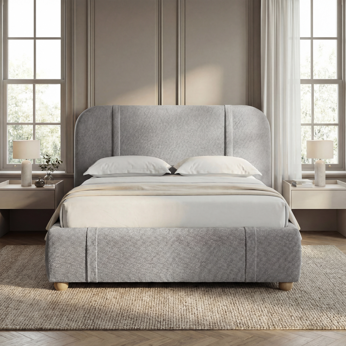 Front view of grey upholstered double bed with vertical strips cushioned headboard and light bedding