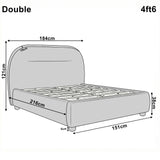 Dimensional diagram of a double grey bed frame showing height 121 cm, width 184 cm, and length 216 cm
