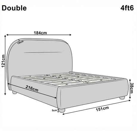 Dimensional diagram of a double grey bed frame showing height 121 cm, width 184 cm, and length 216 cm