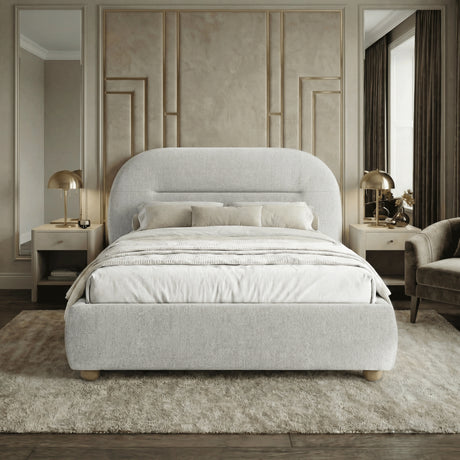 Front view of a grey upholstered double bed frame with a clean and modern design placed in a neutral decor