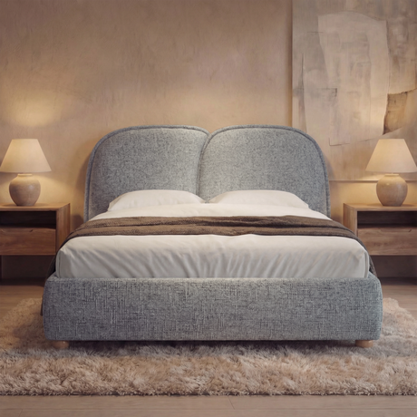 [Double | Grey] Fabric-covered sleeping double bed base with a cushioned backrest, layered neutral linens, and balanced ambient lighting