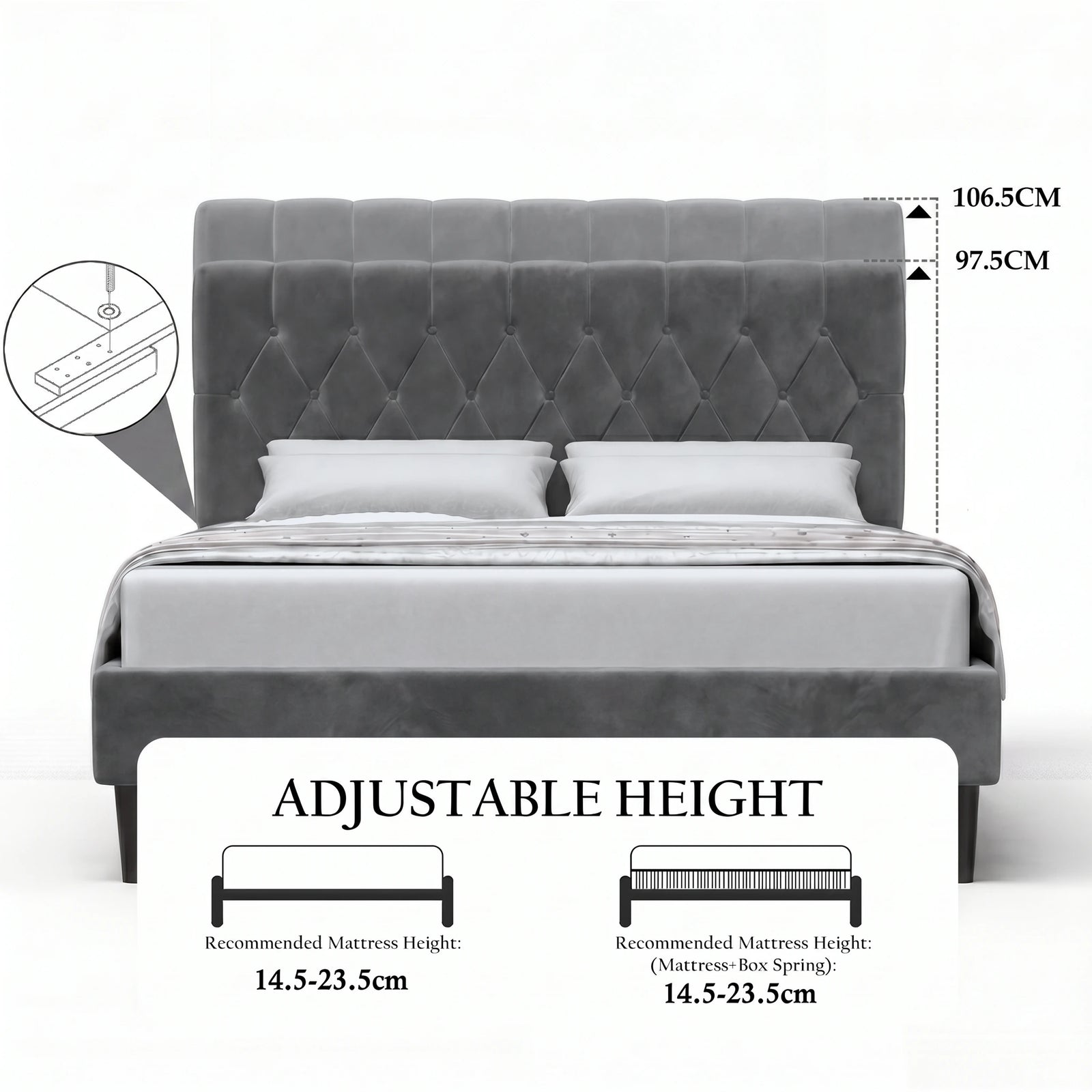 [Double | Grey] Velvet Bed Frame adjustable headboard height diagram showing 97.5cm and 106.5cm settings