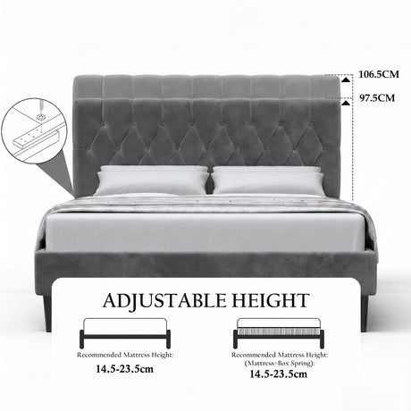 [Double | Grey] Velvet Bed Frame adjustable headboard height diagram showing 97.5cm and 106.5cm settings