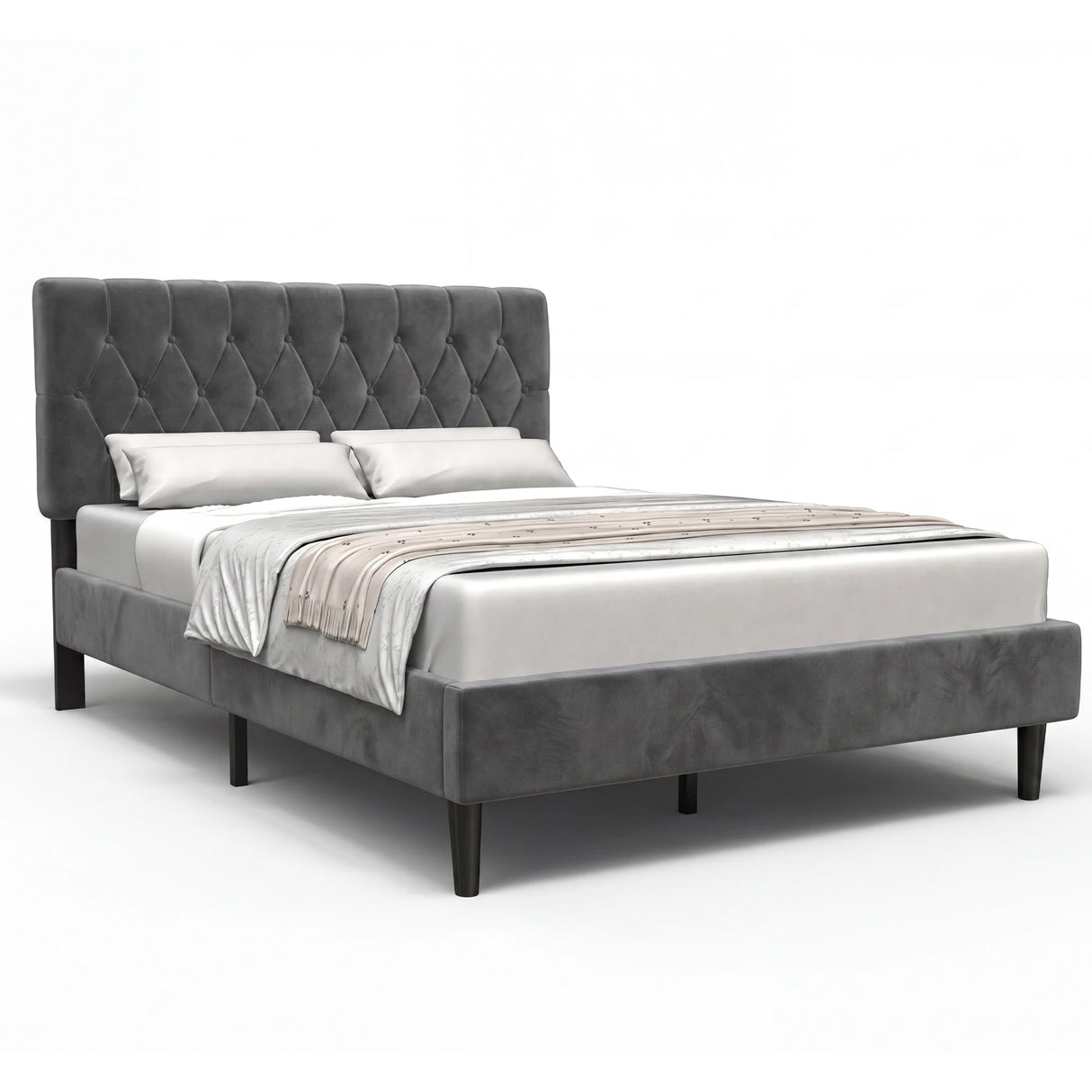 [Double | Grey] Velvet Bed Frame angled view on white background showing full frame and tufted headboard