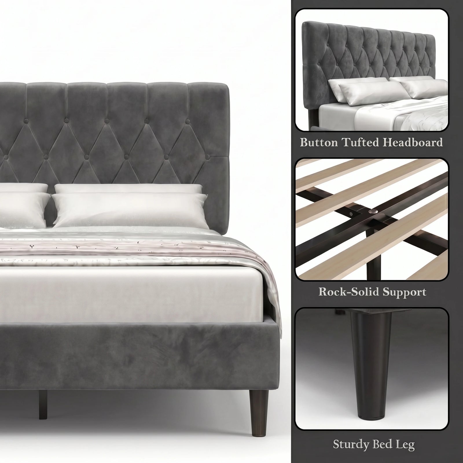 [Double | Grey] Velvet Bed Frame feature highlights showing tufted headboard, wood slats, and tapered leg