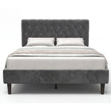 [Double | Grey] Velvet Bed Frame front-on view on white background with diamond-tufted headboard