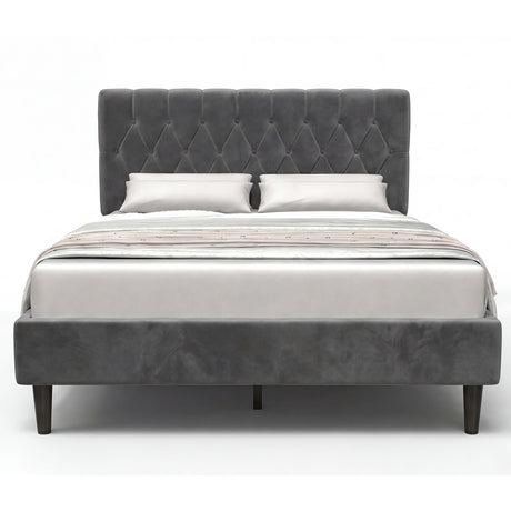 [Double | Grey] Velvet Bed Frame front-on view on white background with diamond-tufted headboard