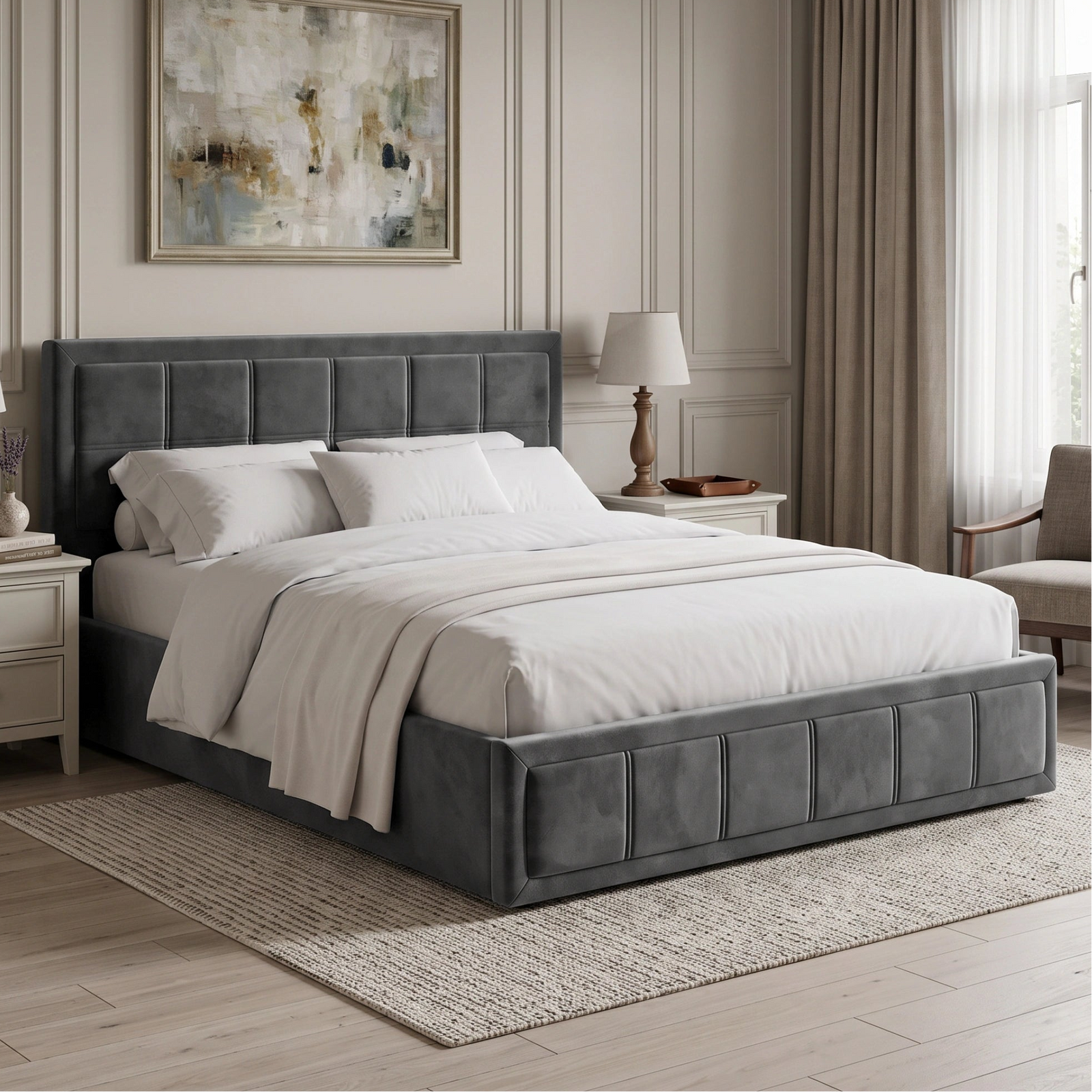 [Double | Grey] upholstered bed frame with a tufted headboard and footboard, dressed in white bedding, set in a styled bedroom with nightstands, lamps, curtains, and a framed painting.