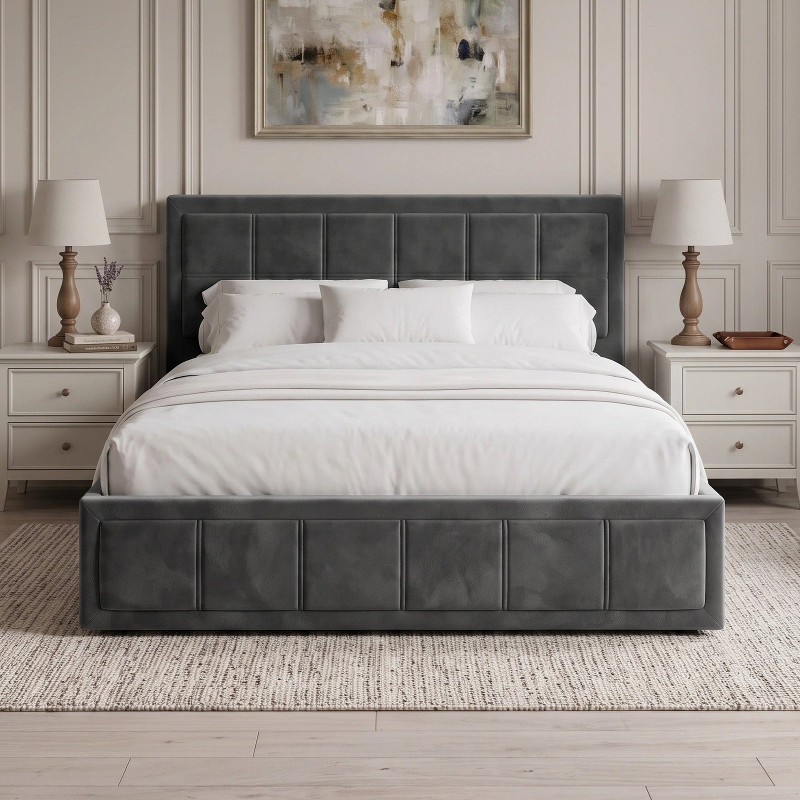 [Double | Grey] Symmetrical front view of velvet ottoman storage bed flanked by twin nightstands and lamps
