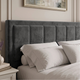 [Double | Grey] Velvet ottoman storage bed headboard detail with stitched panel sections and stacked pillows below