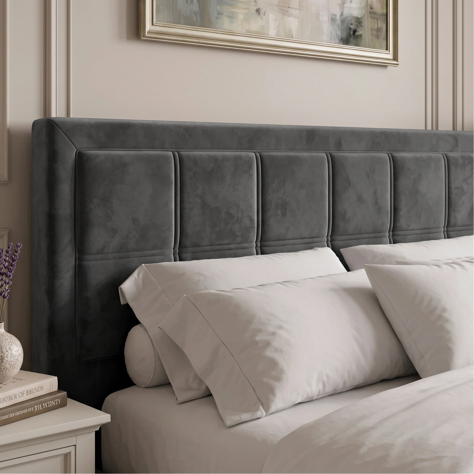 [Double | Grey] Velvet ottoman storage bed headboard detail with stitched panel sections and stacked pillows below