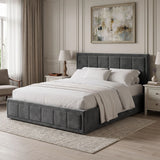 [Double | Grey] Lifestyle side view of velvet ottoman storage bed with footboard square panels in foreground