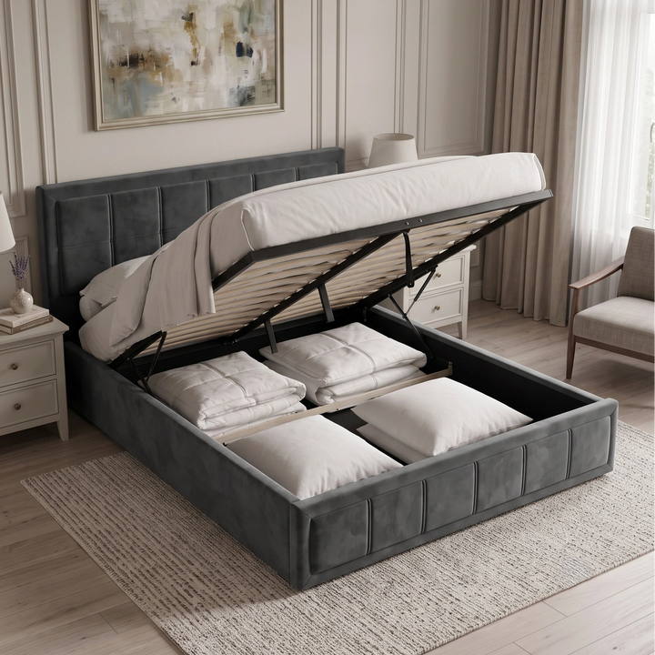 [Double | Grey] upholstered bed frame with a tufted headboard and footboard, dressed in white bedding but with the end lift open storage