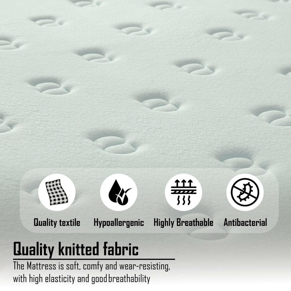 Double mattress pocket sprung with quality knitted fabric, hypoallergenic, highly breathable.